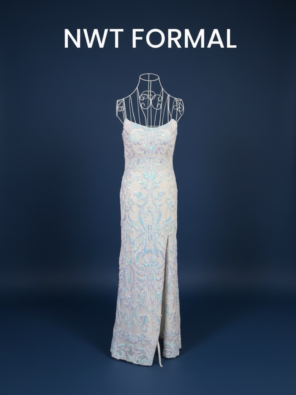 Formal Beaded Sheath Dress in white  with Iridescent Blue Accents